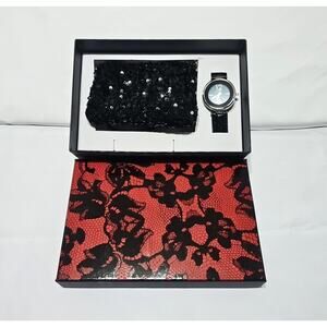 Ensemble Womens Watch & Small Purse Set Quartz Watch Black Leather Sequin Purse